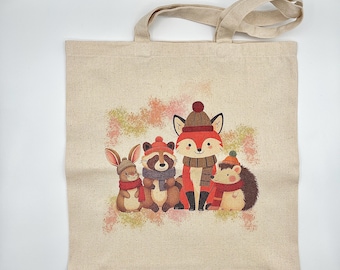 Woodland Animals in Scarves Cotton Canvas Tote Bag: Eco-Friendly Fall Market Bag