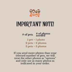 May include: A text-based graphic with the words "GOD BOP" in brown letters with paw prints. The text "IMPORTANT NOTE!" is in black. The graphic explains that the number of photos needed for an order is equal to the number of pets. For example, 1 pet requires 1 photo, 2 pets require 2 photos, and 3 pets require 3 photos. The graphic also states that if more photos are sent than the number of pets, the extra photos will be treated as "options".