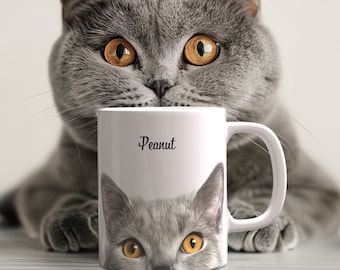 Custom Cat Mug With Name, Custom Cat Face Mug, Cat Coffee Mug Gift, Cat Owner Gift, Personalize Pet Mug Gift, Half Face Cat Mug Custom