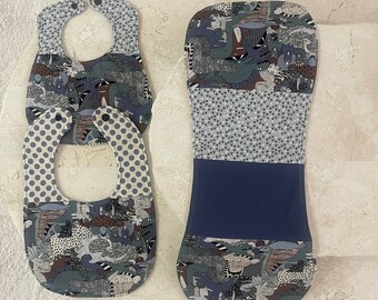 Handmade, patchwork  Baby Bib and Burp cloth set with dinosaurs.