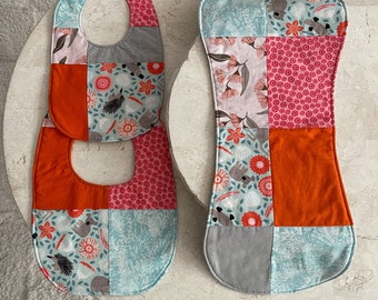 Handmade, patchwork  Baby Bib and Burp cloth set with Australian animals