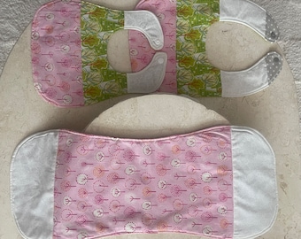 Handmade, patchwork  baby bib and burp cloth set with trees and fields