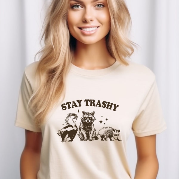 Vintage Raccoon Opossum Skunk Shirt, Stay Trashy Funny Meme Graphic T-Shirt,  Oversize Cute Cotton Washed Tee, Vintage Look, Gifts For Her,