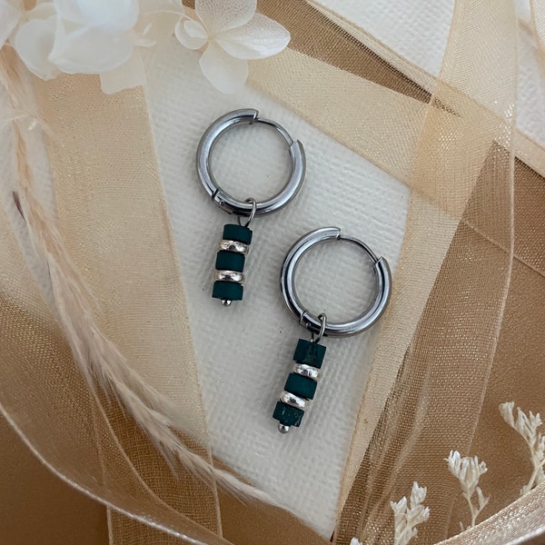 Mandy - Green & Silver hoop earrings (Stainless steel) with green beads