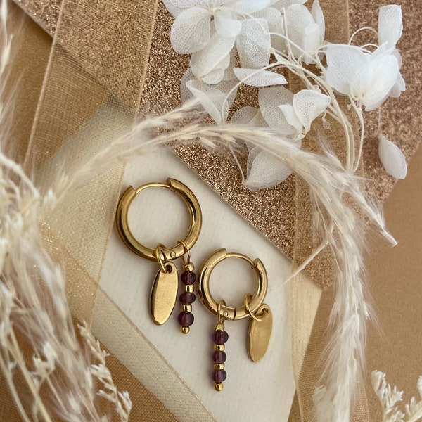 Victoria - Purple & Gold hoop earrings (Stainless steel) with gold charm