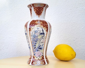 Vintage Vase, Fine Faience Octagonal Vessel with Blue Peacock Motif in Art Nouveau Style, Alcobaça, Portugal, Mid-20th Century, No Lid