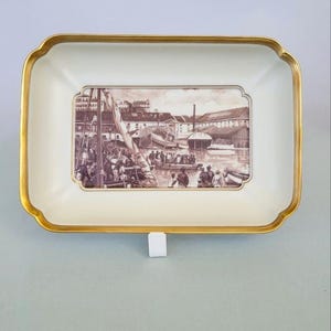 Vintage SPAL porslinssnyckelskål: Lissabonscen Transferware, guldkant