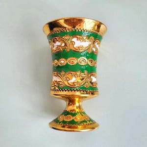 Handcrafted Italian Florentine Vase: Green & Gold Enamel, Mid-Century Modern