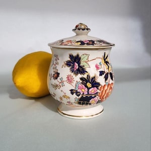 Può includere: Una zuccheriera in ceramica bianca con coperchio, con un motivo floreale in tonalità di blu, rosa, verde e oro. La ciotola ha un corpo rotondo e una base svasata.