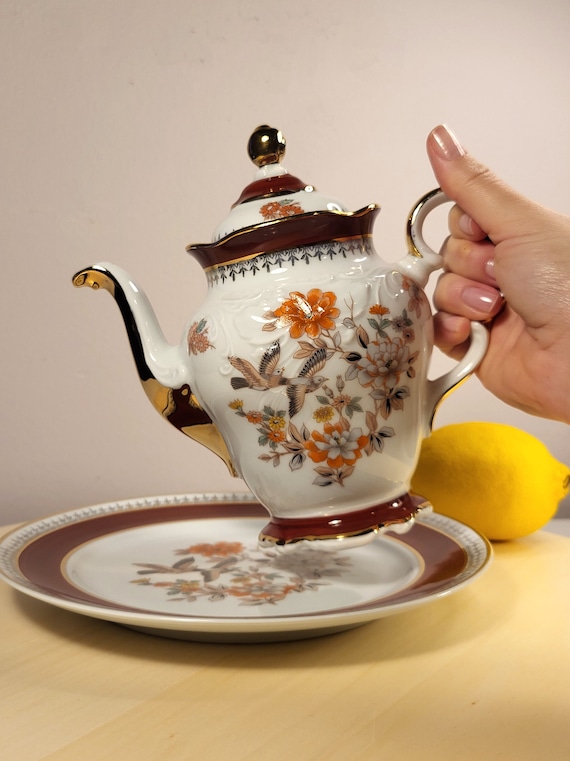 Bule de Magnólia Mottahedeh Vintage com Prato: Porcelana