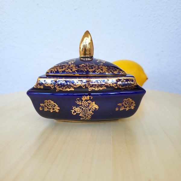 Boîte à bijoux vintage en faïence - Bleu cobalt avec motifs floraux dorés - Alcobaça ELPA, peint à la main - Objets de décoration pour la maison, Fabriqué au Portugal