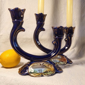 Vintage Portuguese Ceramic Candelabras: Cobalt Blue Faience, Set of 2