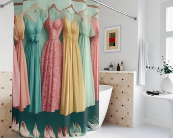 Vintage dresses shower curtain, stylish shower curtain, bathroom decor, fashionable bathroom, vintage, shower curtain with dresses