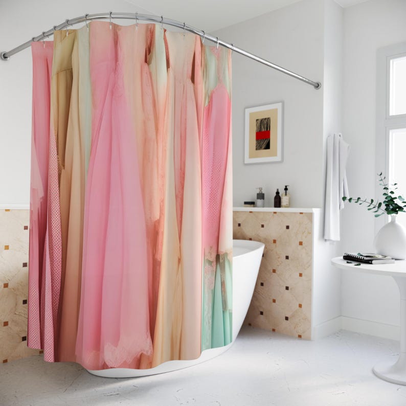 Pink Shower Curtain for girls in Vintage Style Colorful Bathroom Decor for women birthday gift Vogue Wardrobe Vintage fashion for dancers image 1
