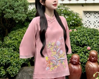 Embroidered Dandelion Flowers Vietnamese Traditional Buddhist Dress-Costumes-Ao Dai with Modernized styles. Do Lam Di Chua. Phap Phuc. Phat