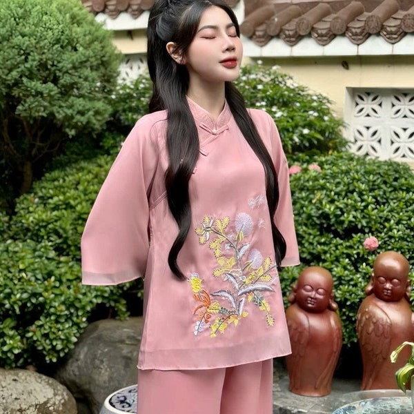 Embroidered Dandelion Flowers Vietnamese Traditional Buddhist Dress-Costumes-Ao Dai with Modernized styles. Do Lam Di Chua. Phap Phuc. Phat