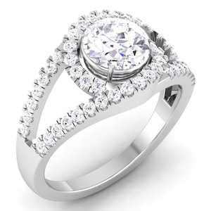 Lab Diamond Engagement Ring: Split Shank Halo, Sterling Silver