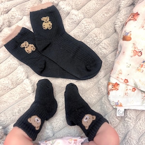 matching mummy and baby socks, teddy bear socks, mummy toddler matching set, black baby socks, mommy and me, keepsake new baby, unisex