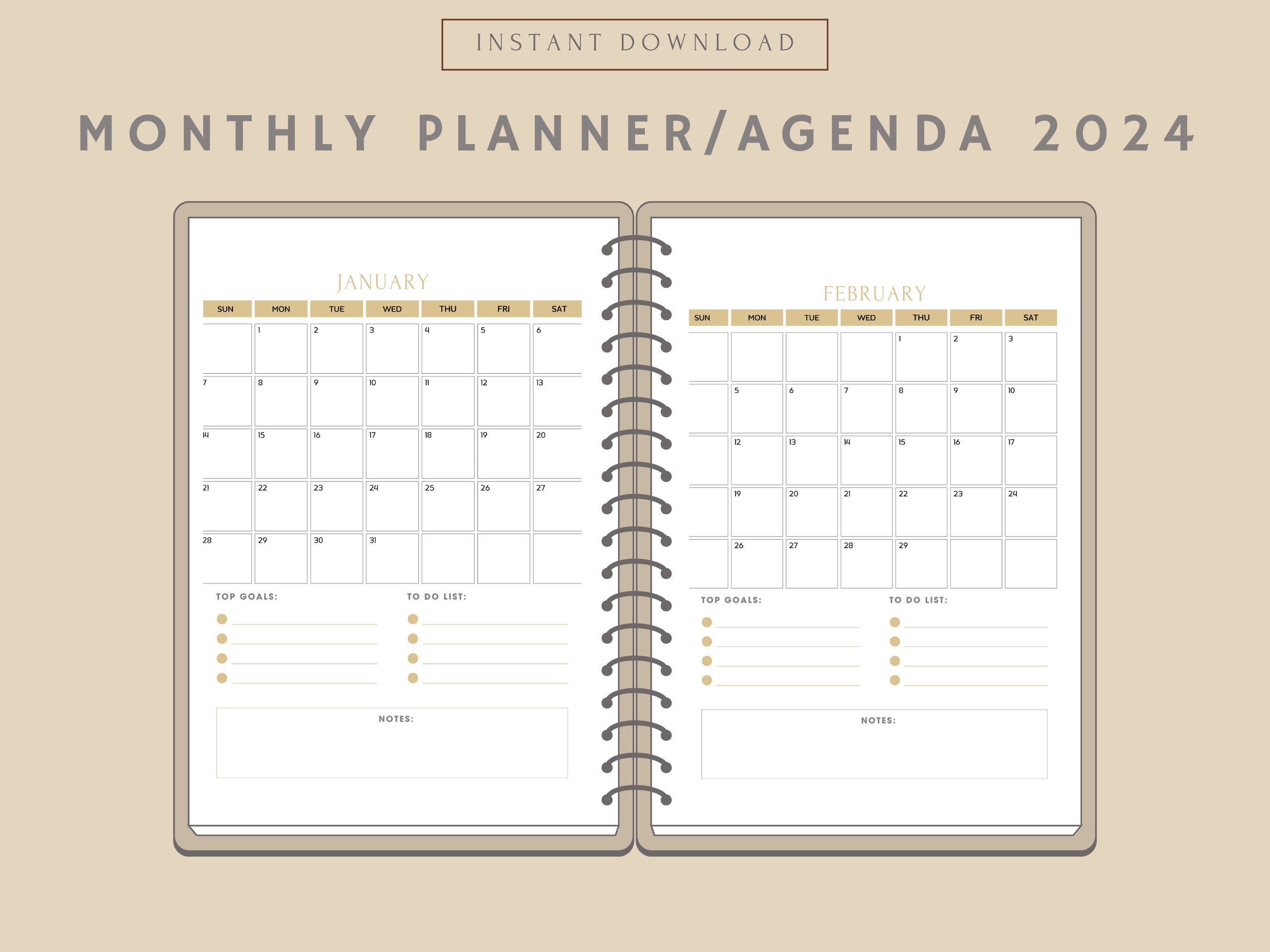 Monthly Planner 2024 Printable Instant PDF Download Productivity Agenda ...