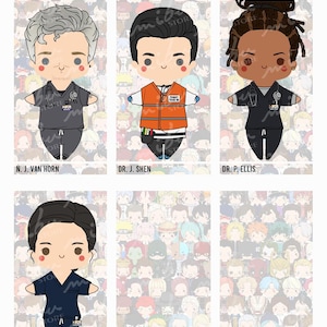 Pode incluir: Uma ilustra&ccedil;&atilde;o digital apresentando quatro personagens estilo chibi rotulados como N. J. Van Horn, Dr. J. Shen, Dr. P. Ellis e Dr. E. Walsh. Os personagens vestem uniformes m&eacute;dicos ou um colete laranja, com estetosc&oacute;pios e crach&aacute;s sobre um fundo estampado.