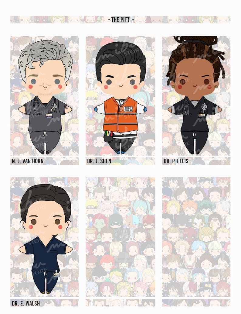 Pode incluir: Uma ilustra&ccedil;&atilde;o digital apresentando quatro personagens estilo chibi rotulados como N. J. Van Horn, Dr. J. Shen, Dr. P. Ellis e Dr. E. Walsh. Os personagens vestem uniformes m&eacute;dicos ou um colete laranja, com estetosc&oacute;pios e crach&aacute;s sobre um fundo estampado.