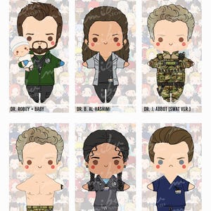 Pode incluir: Uma cole&ccedil;&atilde;o de seis ilustra&ccedil;&otilde;es de personagens em estilo chibi intitulada THE PITT. Os personagens incluem o Dr. Robby com um beb&ecirc;, a Dra. B. Al-Hashimi, o Dr. J. Abbot com equipamento SWAT, o Dr. J. Abbot sem camisa, N. E. Nolan e o Dr. B. Park, cada um com trajes distintos.