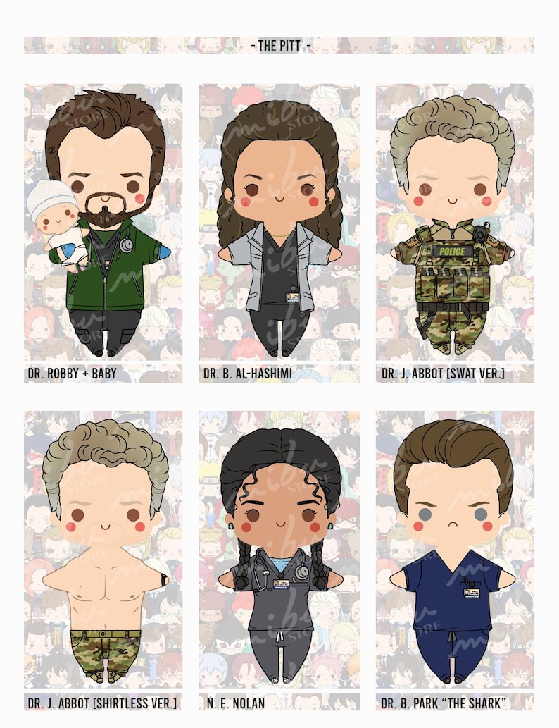 Pode incluir: Uma cole&ccedil;&atilde;o de seis ilustra&ccedil;&otilde;es de personagens em estilo chibi intitulada THE PITT. Os personagens incluem o Dr. Robby com um beb&ecirc;, a Dra. B. Al-Hashimi, o Dr. J. Abbot com equipamento SWAT, o Dr. J. Abbot sem camisa, N. E. Nolan e o Dr. B. Park, cada um com trajes distintos.