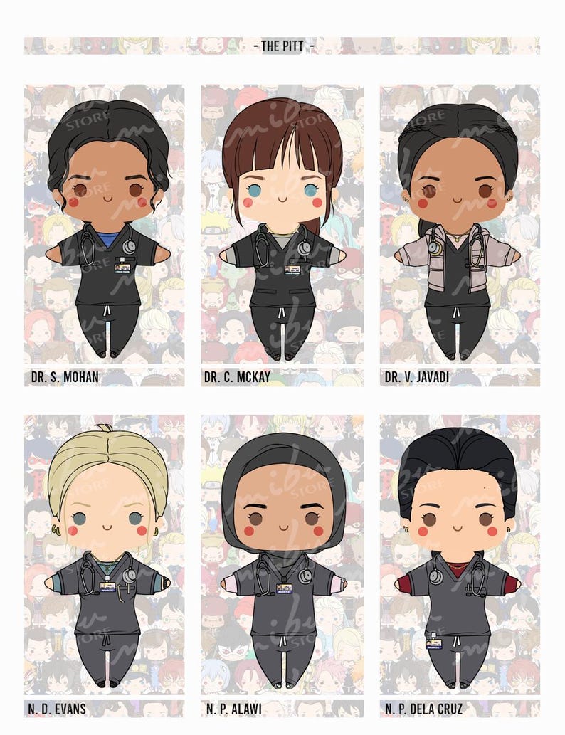 Pode incluir: Uma ilustra&ccedil;&atilde;o digital intitulada THE PITT apresentando seis personagens em estilo chibi com uniformes m&eacute;dicos. Cada figura usa um estetosc&oacute;pio e um crach&aacute; de identifica&ccedil;&atilde;o. Os personagens s&atilde;o rotulados como Dr. S. Mohan, Dr. C. Mckay, Dr. V. Javadi, N. D. Evans, N. P. Alawi e N. P. Dela Cruz.