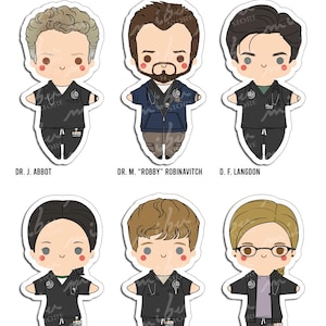 Könnte beinhalten: Sechs Vinyl-Aufkleber mit Chibi-Figuren in medizinischer Kleidung. Jede Figur hat eine einzigartige Frisur und Kleidung, einschließlich Kasacks, Stethoskopen und Ausweisen. Die Namen unter den Figuren lauten Dr. J. Abbot, Dr. M. Robby Robinavitch, D. F. Langdon, D. T. Santos, D. D. Whitaker und D. M. King.