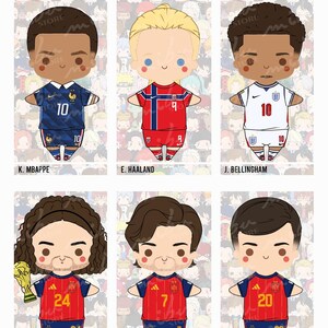 Puede incluir: Una ilustración digital titulada FOOTBALL que muestra seis personajes de futbolistas en estilo chibi: K. Mbappe, E. Haaland, J. Bellingham, M. Cucurella sosteniendo un trofeo, F. Torres y Pedri, cada uno con sus camisetas nacionales.
