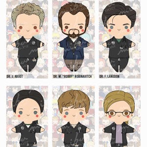 Pode incluir: Uma ilustra&ccedil;&atilde;o digital apresentando seis personagens estilo chibi rotulados como m&eacute;dicos de The Pitt. Cada personagem veste uniformes m&eacute;dicos ou jaquetas com estetosc&oacute;pios. Os nomes Dr. J. Abbot, Dr. M. Robby Robinavitch, Dr. F. Langdon, Dr. T. Santos, Dr. D. Whitaker e Dr. M. King est&atilde;o impressos abaixo de cada figura.