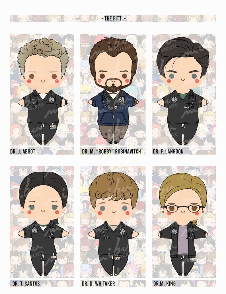 Pode incluir: Uma ilustra&ccedil;&atilde;o digital apresentando seis personagens estilo chibi rotulados como m&eacute;dicos de The Pitt. Cada personagem veste uniformes m&eacute;dicos ou jaquetas com estetosc&oacute;pios. Os nomes Dr. J. Abbot, Dr. M. Robby Robinavitch, Dr. F. Langdon, Dr. T. Santos, Dr. D. Whitaker e Dr. M. King est&atilde;o impressos abaixo de cada figura.