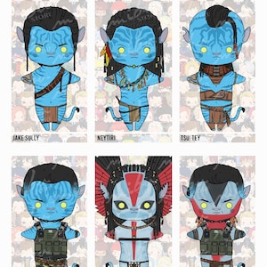 Puede incluir: Una hoja con seis ilustraciones de dibujos animados de personajes de Avatar. Los personajes son azules con cabello negro y ojos amarillos. Los nombres de los personajes se muestran debajo.
