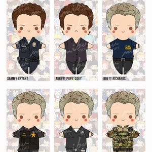 May include: A collection of six plushie dolls, each depicting a character in a different uniform. The dolls have large heads, small bodies, and are dressed as a police officer, firefighter, and medical personnel. The text "S. HATOSY - PILLOW / PLUSHIE" is at the top.