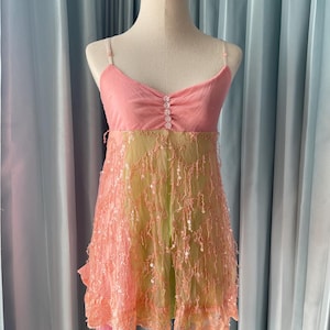 Sheer Babydoll Top – Pink & Lime Green , Beaded tank top festival top Y2K Fairycore Style (wetseal) / ibiza top