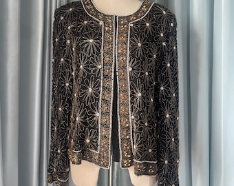 Vintage Papell Boutique Beaded Silk Blazer: 80s Formal Evening Jacket