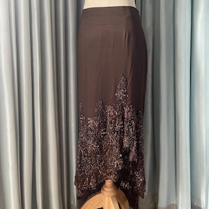 Vintage Brown Beaded Lace Skirt | Brand Cache Silk Blend Midi | 90s Hand-Embellished Evening Skirt | Elegant Cocktail Party Formal Wear