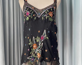 Vintage Silk Beaded Cami Top: Black Sequin Embroidered Festival Tank