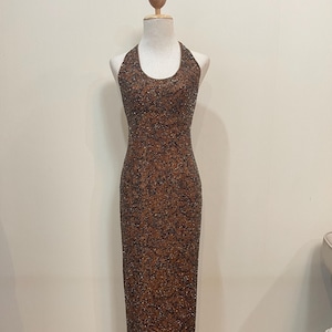 caché full length halter sequin animal print dress Vintage Beaded Gown: 90s BIEFF BASIX Bronze (leopard Print) Silk Brown Formal Prom Dress Maxi dress