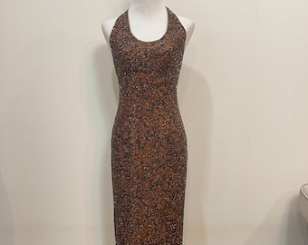 Rare Vintage Animal Print Beaded Gown • 90s BIEFF BASIX Halter Dress • Bronze Sequin Maxi • Abstract Tiger Flame Pattern evening dresses