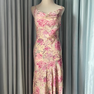 Vintage Morgan de Toi Floral Slip Dress –Pink Rose Print Y2K Midi Dress with beaded and sequins Asymmetrical Hem – 90s Romantic Cottagecore