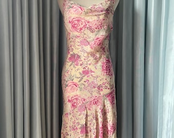 Vintage Morgan de Toi Floral Slip Dress –Pink Rose Print Y2K Midi Dress with beaded and sequins Asymmetrical Hem – 90s Romantic Cottagecore