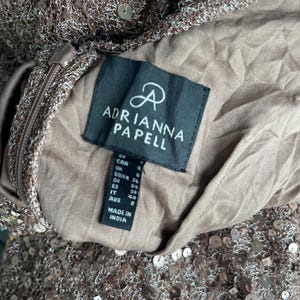 May include: Close-up of a brown sequined dress with a zipper and the brand label "ADRIANNA PAPELL". The label includes size conversions for US, CAN, UK, EU/FR, DE, ES, IT, and AUS. The dress is made in India.