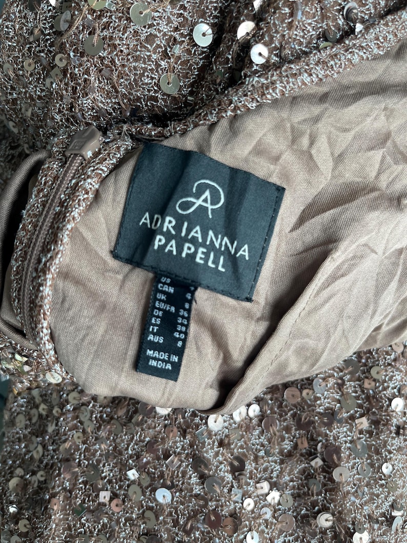 May include: Close-up of a brown sequined dress with a zipper and the brand label "ADRIANNA PAPELL". The label includes size conversions for US, CAN, UK, EU/FR, DE, ES, IT, and AUS. The dress is made in India.