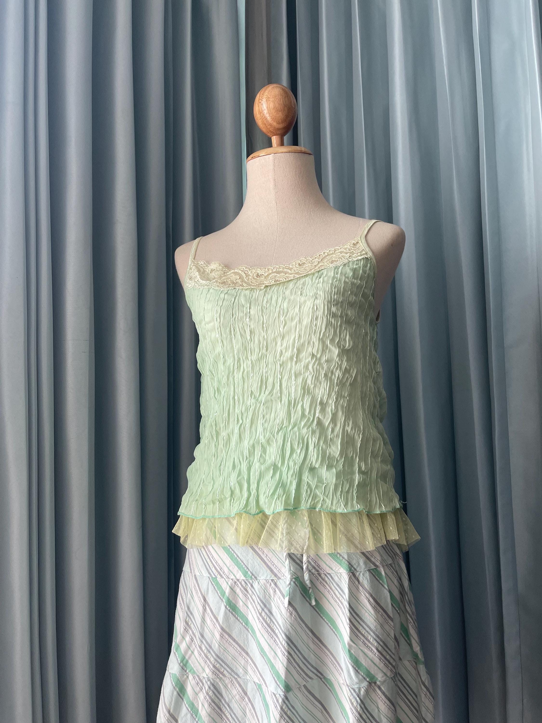 Mint Green Crinkle Cami Top: Lace Trim Y2K Fairycore Tank XS-S