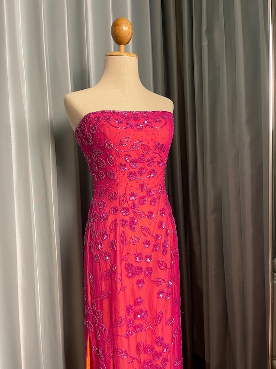 hot pink beaded dress Floral Strapless Evening | 2000s Vintage Evening Gown | Y2K Prom Dress Stretch Length babyboo outfits Wednesday Iconic Dance Ruffle Fabric:Tulle - Pearl