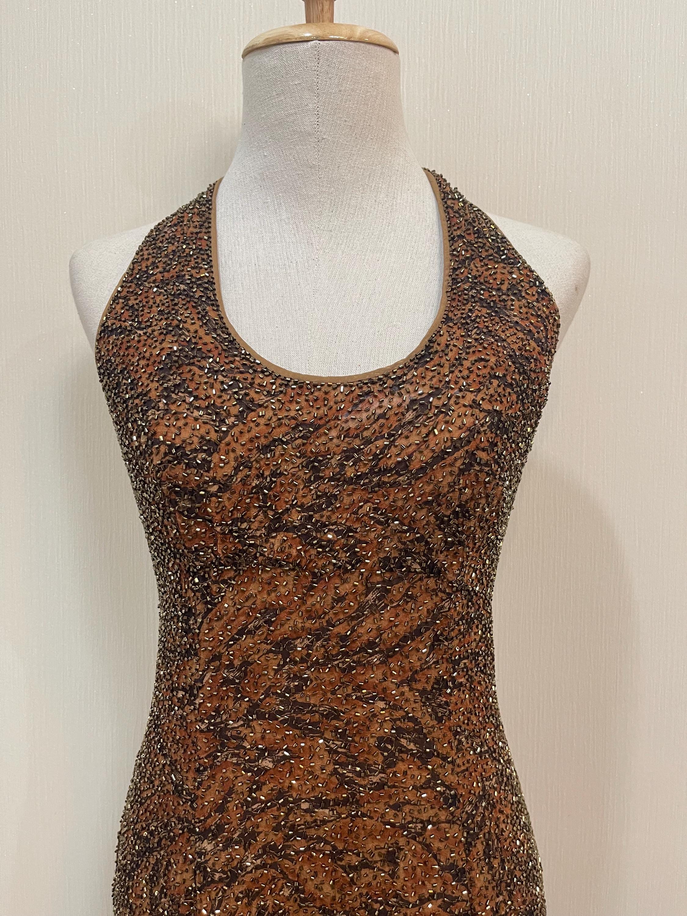 Vintage Beaded Halter Gown: 90s BIEFF BASIX Bronze Sequin Animal Print (leopard print) Silk Dress Brown formal Prom Dress