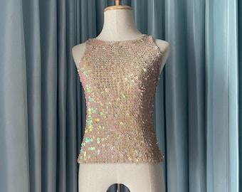 90s 2000s Y2K Vintage Metallic Sequin Shirt Top Rainbow