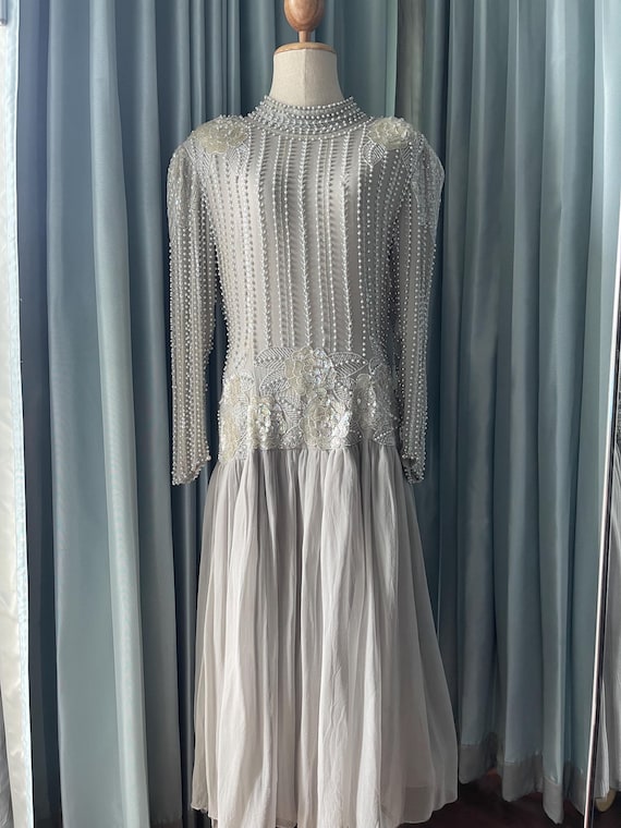 Vintage Oleg Cassini Style Grey Illusion Power Gown | 1980s Pearl Beaded  Trumpet Skirt Dress | Sequin Formal Gown | Party Dresses Size 10 - Etsy  Israel