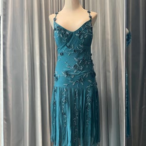 Vintage Y2K Sue Wong Silk Dress: Beaded Floral Embroidery, Fairy Grunge Gown, Size 10